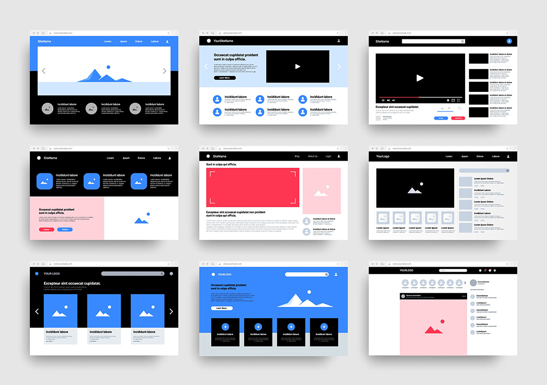 Grid of simple browser wireframes showing different web page layouts.